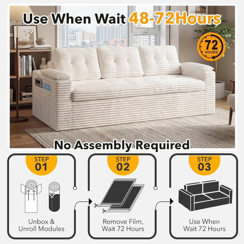 83' Boneless Couch, 3-Seater Cloud Corduroy Sofa in a Box with Deep Tufted Cushions, Zero Assembly, Removable Washable Cover, Family-Friendly Living Room Couch, Beige