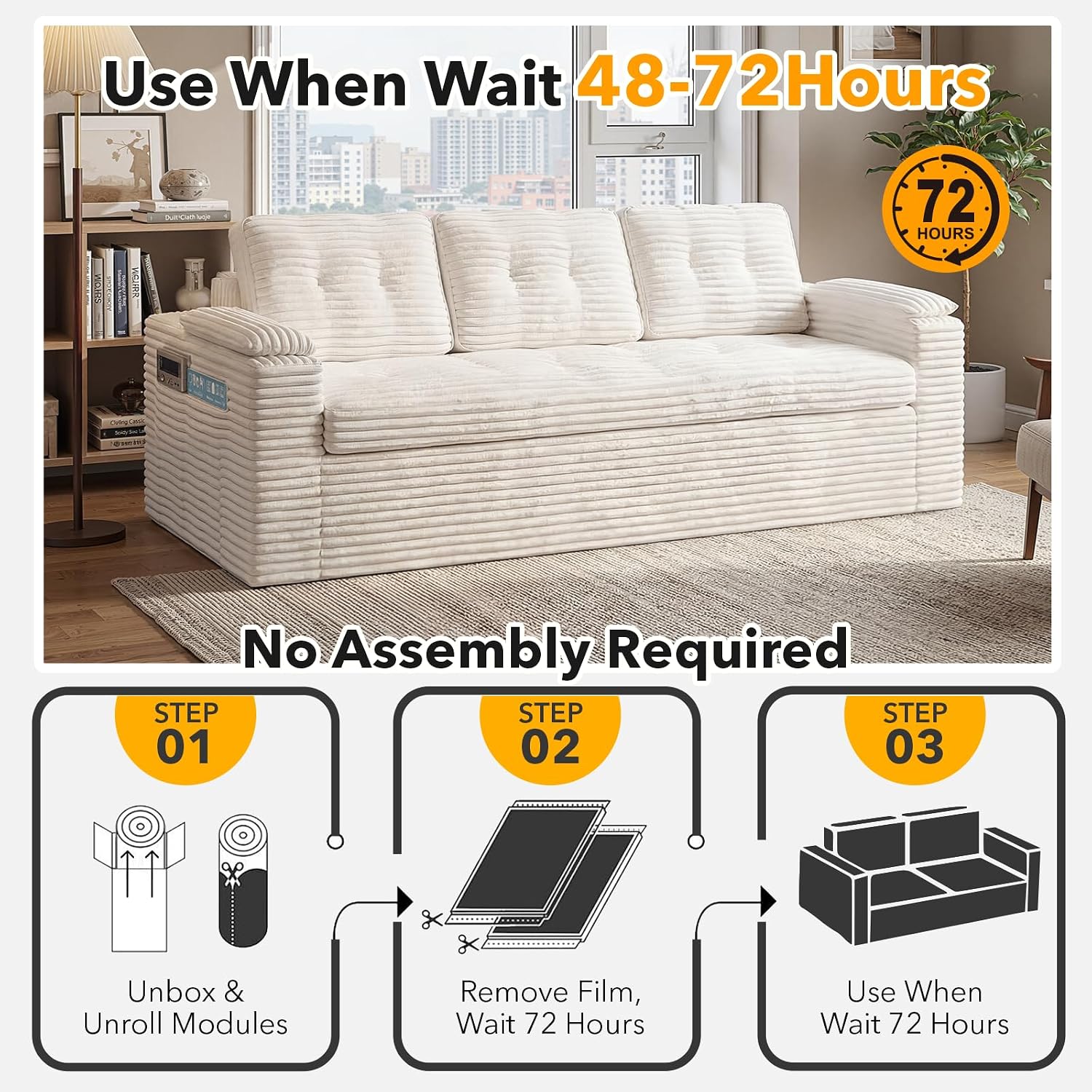 83' Boneless Couch, 3-Seater Cloud Corduroy Sofa in a Box with Deep Tufted Cushions, Zero Assembly, Removable Washable Cover, Family-Friendly Living Room Couch, Beige