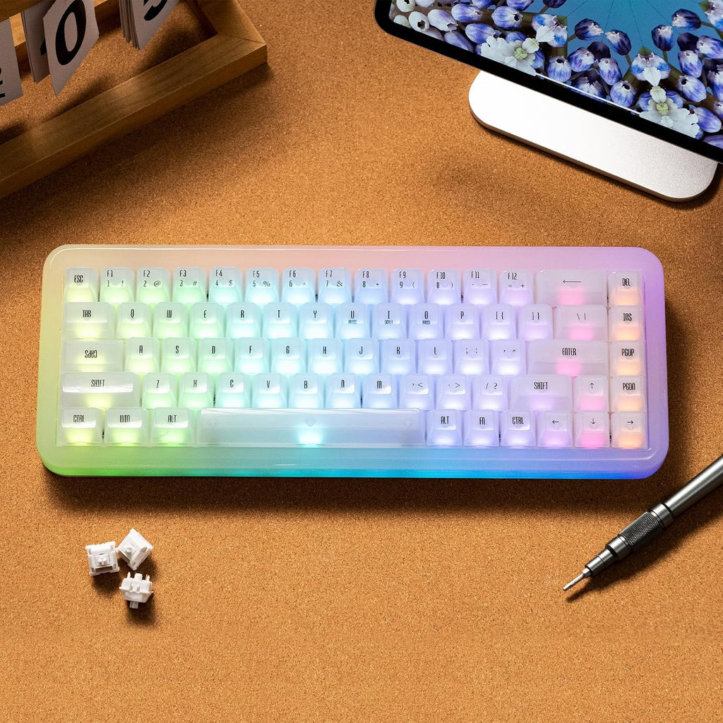 Akko YU01 Mechanical Keyboard Hot Swappable Gaming Keyboard with Transparent Keycaps RGB Backlit 2.4G Wireless/Bluetooth/Wired 68-Key Keyboard for Mac & Win (White Jade, V3 Piano Pro Switch)