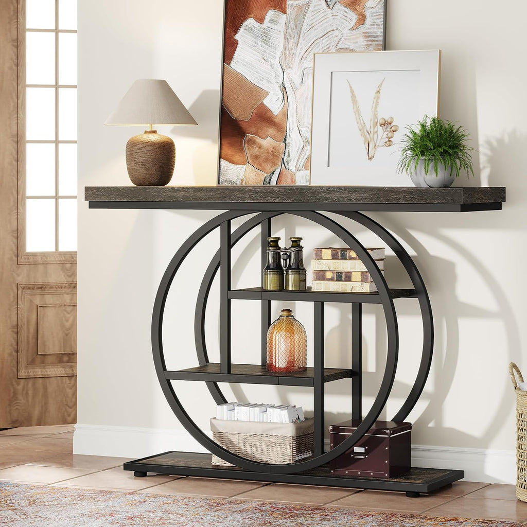 Tribesigns 41.3' Console Table, Industrial 4-Tier Sofa Table Entryway Table with Circle Base, Narrow Wood Accent Tables with Storage Shelves for Living Room, Hallway, Foyer, Charcoal Black