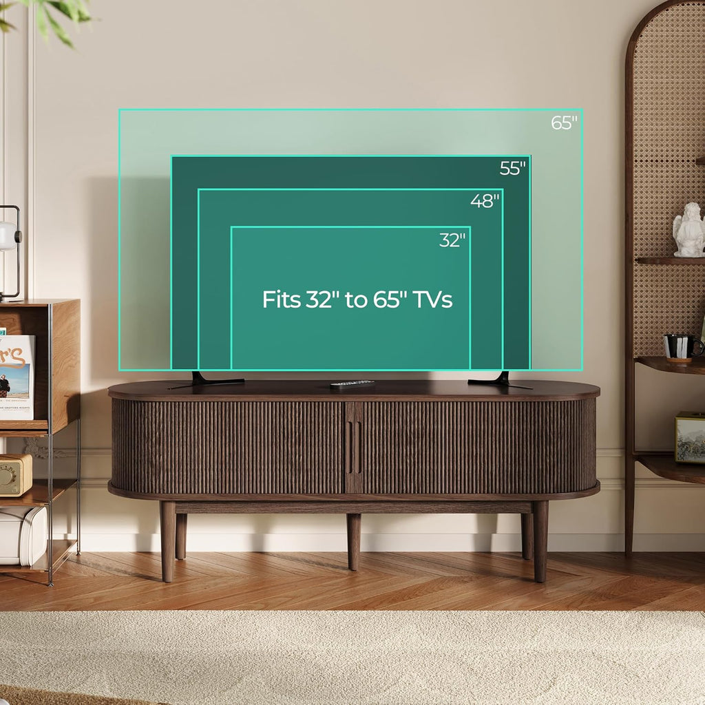 LINSY Home TV Stand for 65' TV, Mid-Century Modern 58' Entertainment Center with Sliding Tambour Door and Storage Cabinet, Cruved TV Media Console Table for Living Room, Bedroom, Walnut