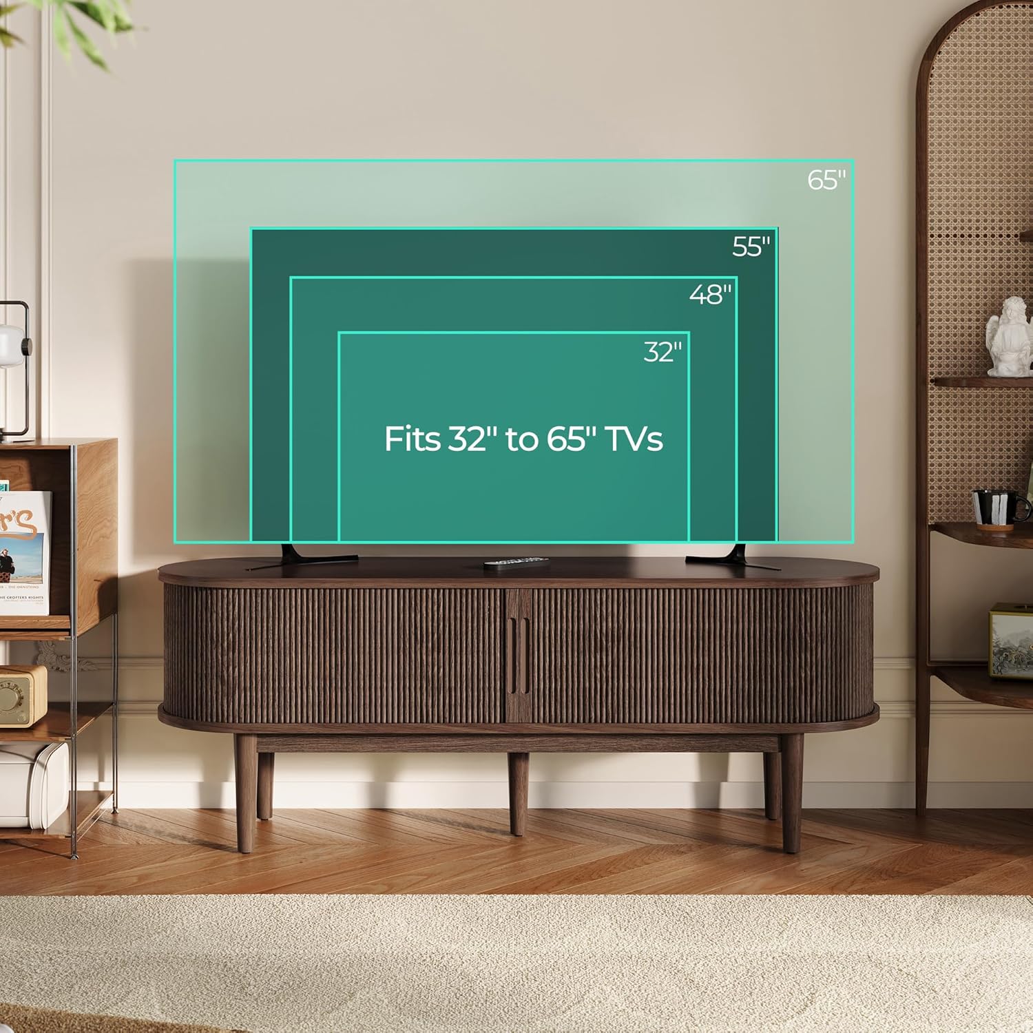 LINSY Home TV Stand for 65' TV, Mid-Century Modern 58' Entertainment Center with Sliding Tambour Door and Storage Cabinet, Cruved TV Media Console Table for Living Room, Bedroom, Walnut