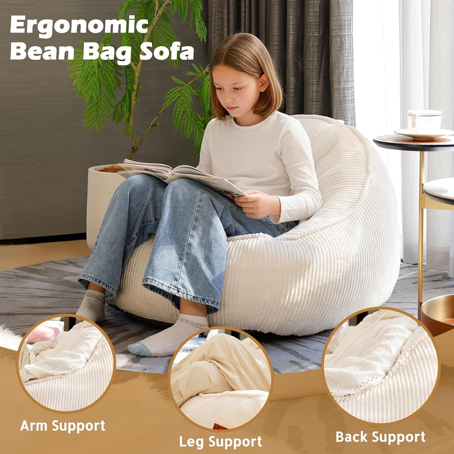 Bean Bag Chair, Cozy Fluffy Beanbag Chairs with Filler for Teens and Kids, Floor Lazy Sofa for Living Room Gaming & Reading (M-Beige)
