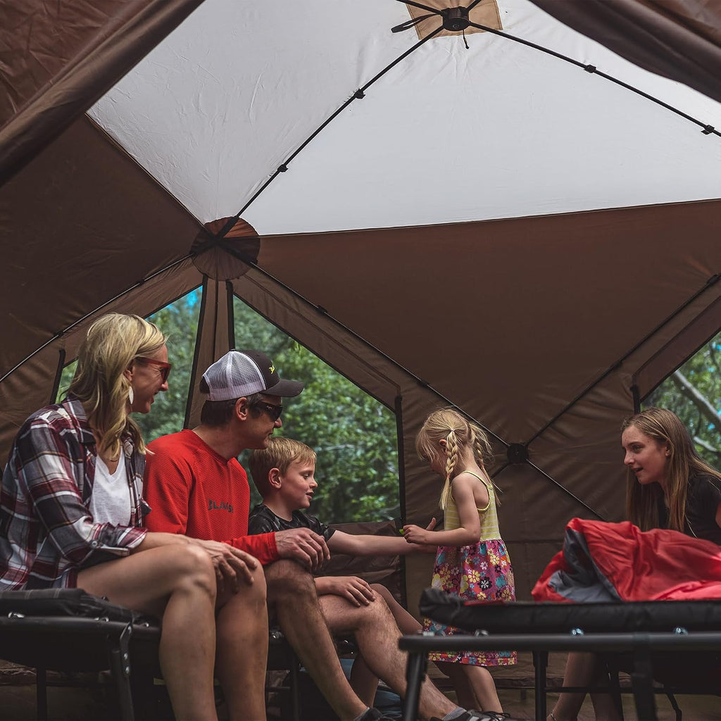 Clam Quick-Set Sky Screen Shelter – 8-Person Pop-Up Tent with Screened Roof for Airflow & Stargazing, 140' x 140', Brown, Instant Setup, Oversized Carry Bag – Camping, Tailgating, Outdoor Use