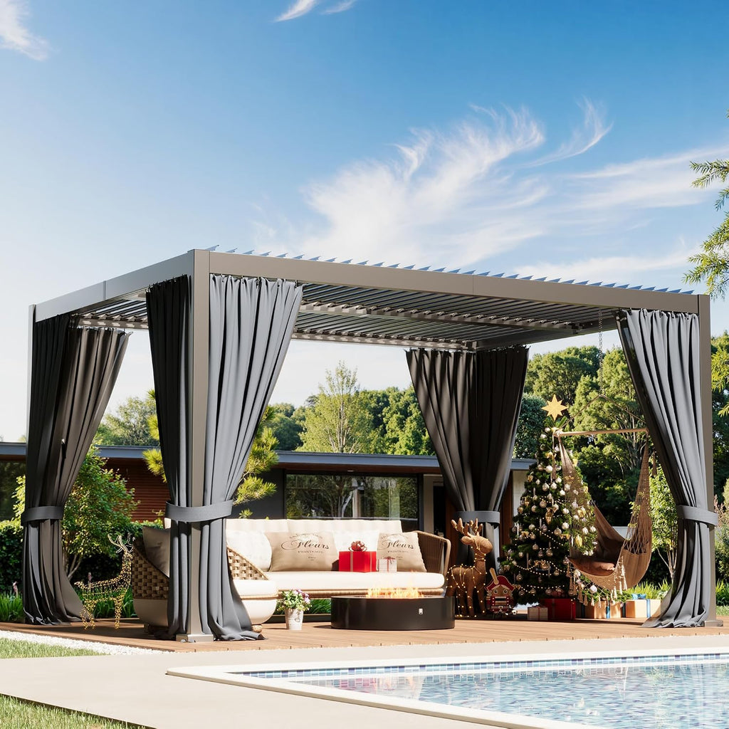 10×13 FT Aluminum Louvered Pergola,Outdoor Metal Pergola with Adjustable Waterproof Louvered Roof, Outdoor Gazebo with Curtains & Nets for Patio,Backyard,Garden (Grey)