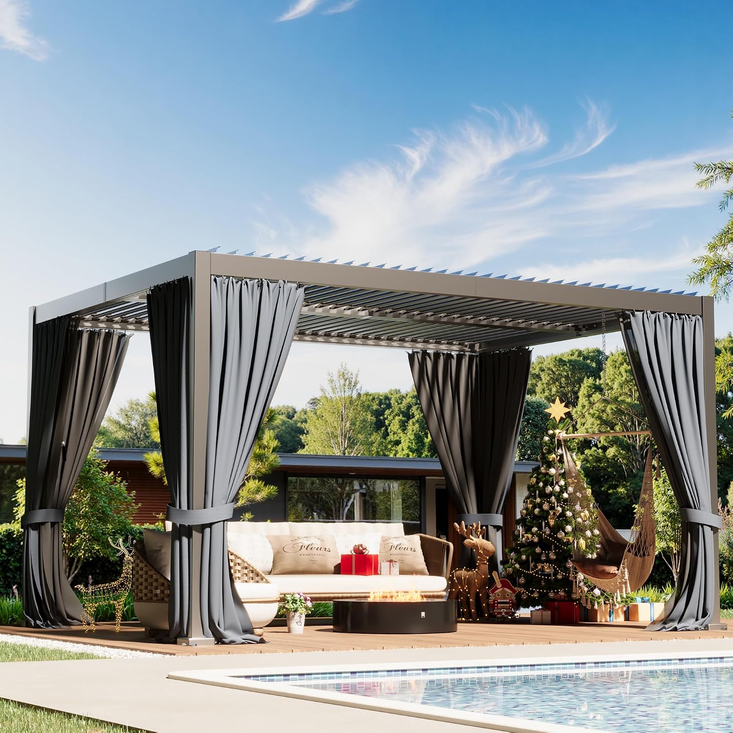 10×13 FT Aluminum Louvered Pergola,Outdoor Metal Pergola with Adjustable Waterproof Louvered Roof, Outdoor Gazebo with Curtains & Nets for Patio,Backyard,Garden (Grey)