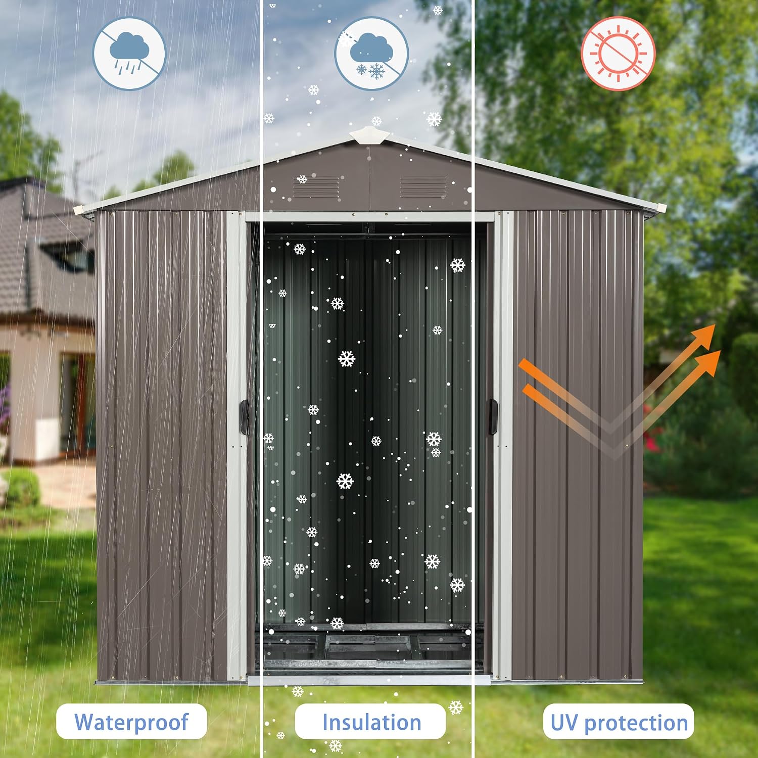 8x4 ft Outdoor Metal Storage Shed with Floor Floor, Lockable Galvanized Steel Tool Shed with Sliding Door and Air Vent, Waterproof Garden Storage House for Backyard, Patio