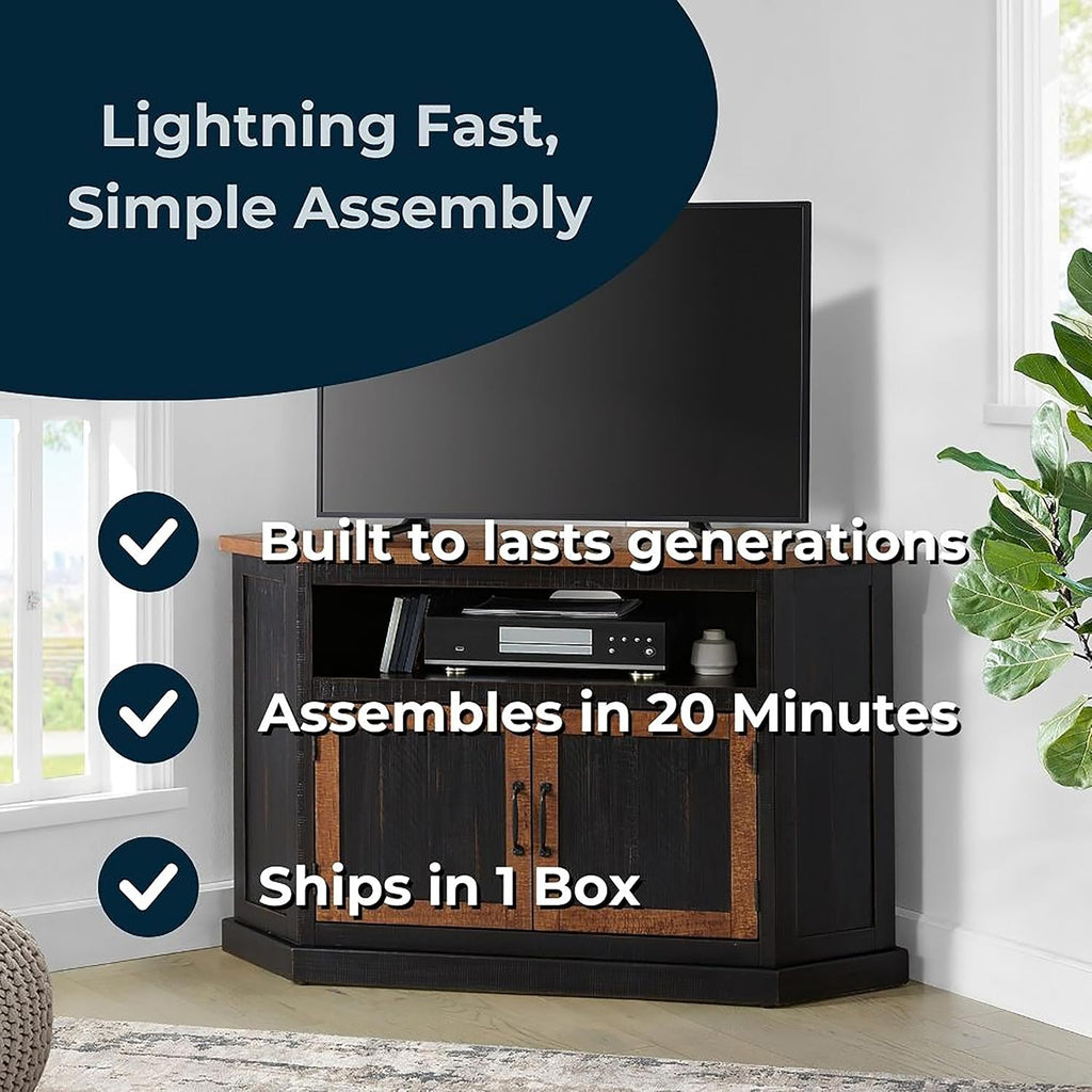 Martin Svensson Home Rustic Solid Wood Corner TV Stand - Black with Honey Top and Doors - Hexagonal Shape and Farmhouse Design Entertainment Center with Shelves Included
