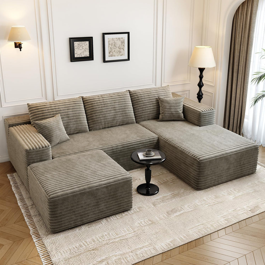 107.5'Cloud Modular Sectional Couch with 1 Ottoman,Modern Minimalist Upholstered Couches, Comfort U Shaped Sofa for Living Room,Deep Seat Corner Couch，No Assembly Required (Camel,Right Facing Chaise)
