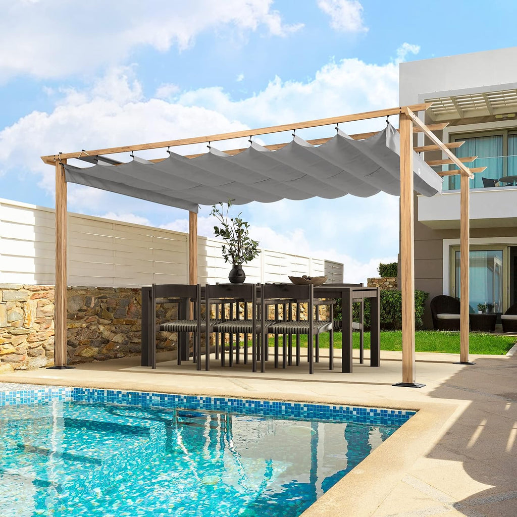 HAPPATIO 10' X 13' Retractable Pergola Canopy for Backyard, Garden, Patio; Woodgrain-Look Aluminum Frame with Retractable Pergola Canopy, Includes Anchors and Expansion Screws (Grey)