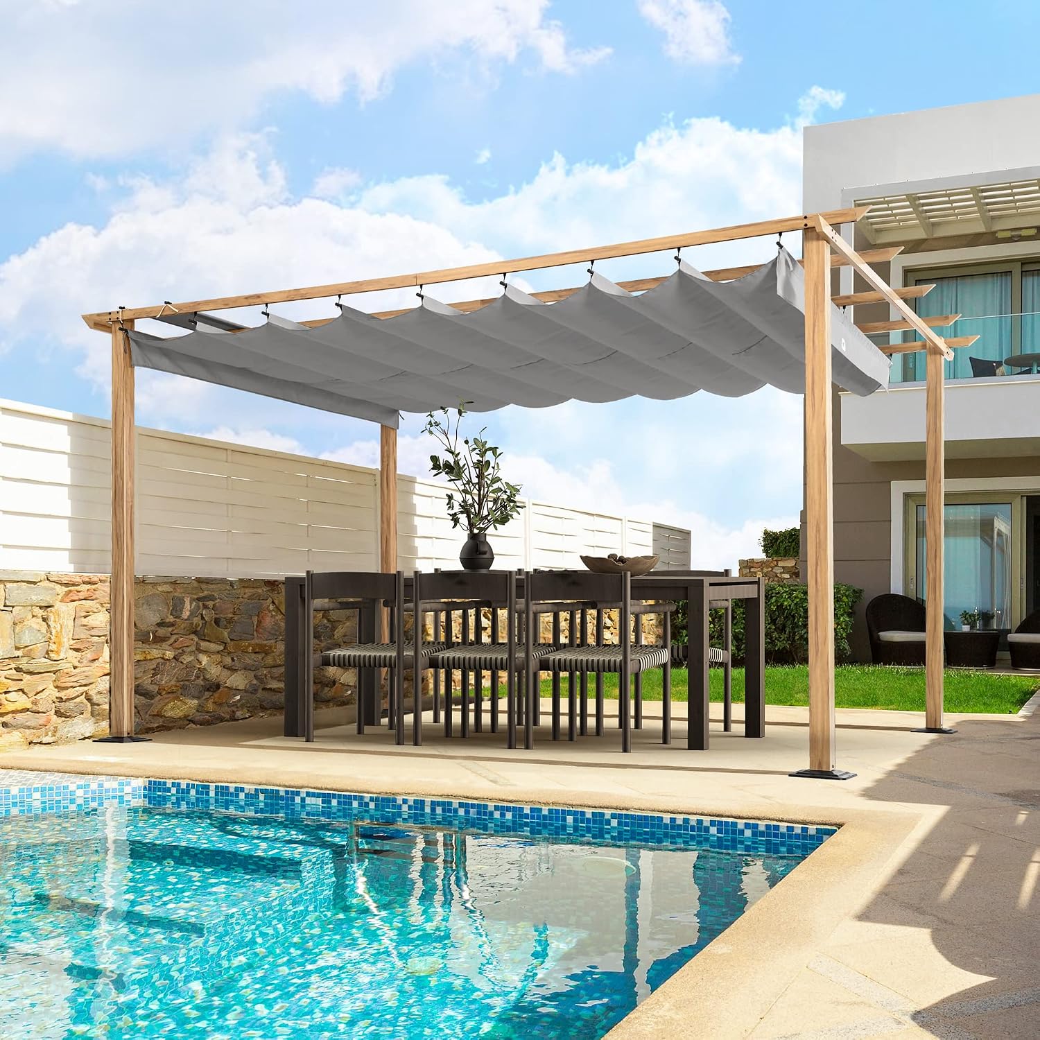 HAPPATIO 10' X 13' Retractable Pergola Canopy for Backyard, Garden, Patio; Woodgrain-Look Aluminum Frame with Retractable Pergola Canopy, Includes Anchors and Expansion Screws (Grey)
