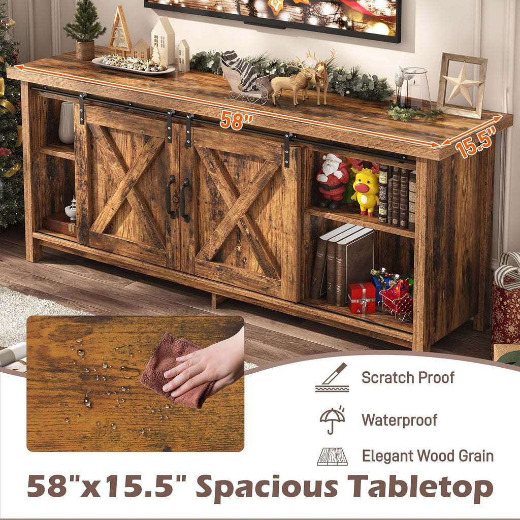 Farmhouse TV Stand for 65 Inch TV with Sliding Barn Door, Rustic Wood Entertainment Center Large Media Console Cabinet Long Television Stands,Console Table and Media Furniture for Living Room(Brown)