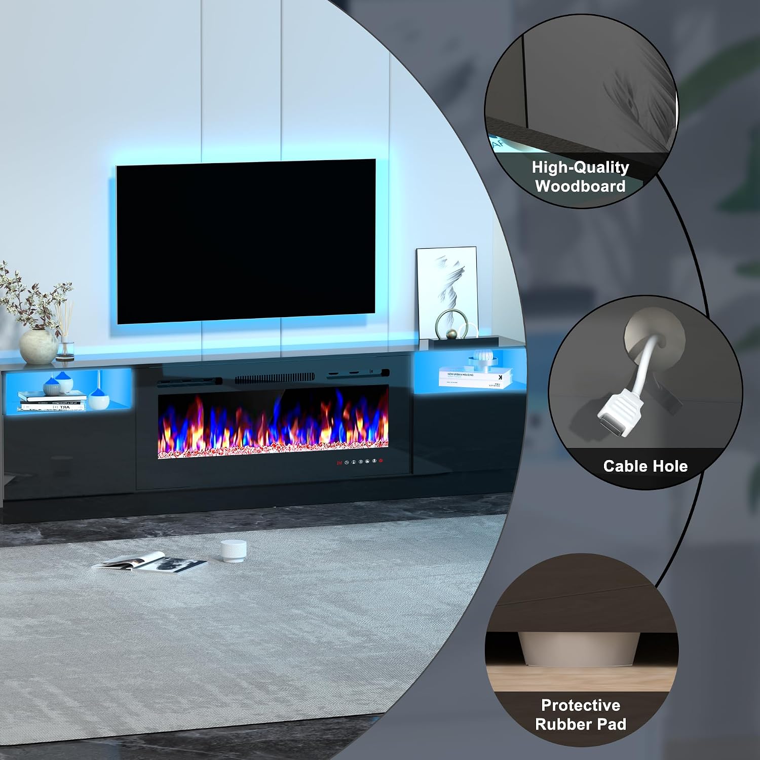 80' Fireplace TV Stand, TV Stand with 36' Fireplace, LED Light Entertainment Center with Storage Cabinets, Media TV Console TV Table for Living Room, Black