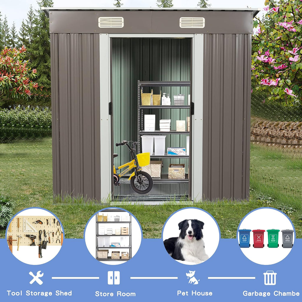 YOPTO 6×4 FT Outdoor Metal Storage Shed with Integrated Punched Vents,Heavy Duty Storage House W/Padlock and Sliding Doors,Large Waterproof Outdoor Tools Sheds for Garden,Backyard,Patio,Grey