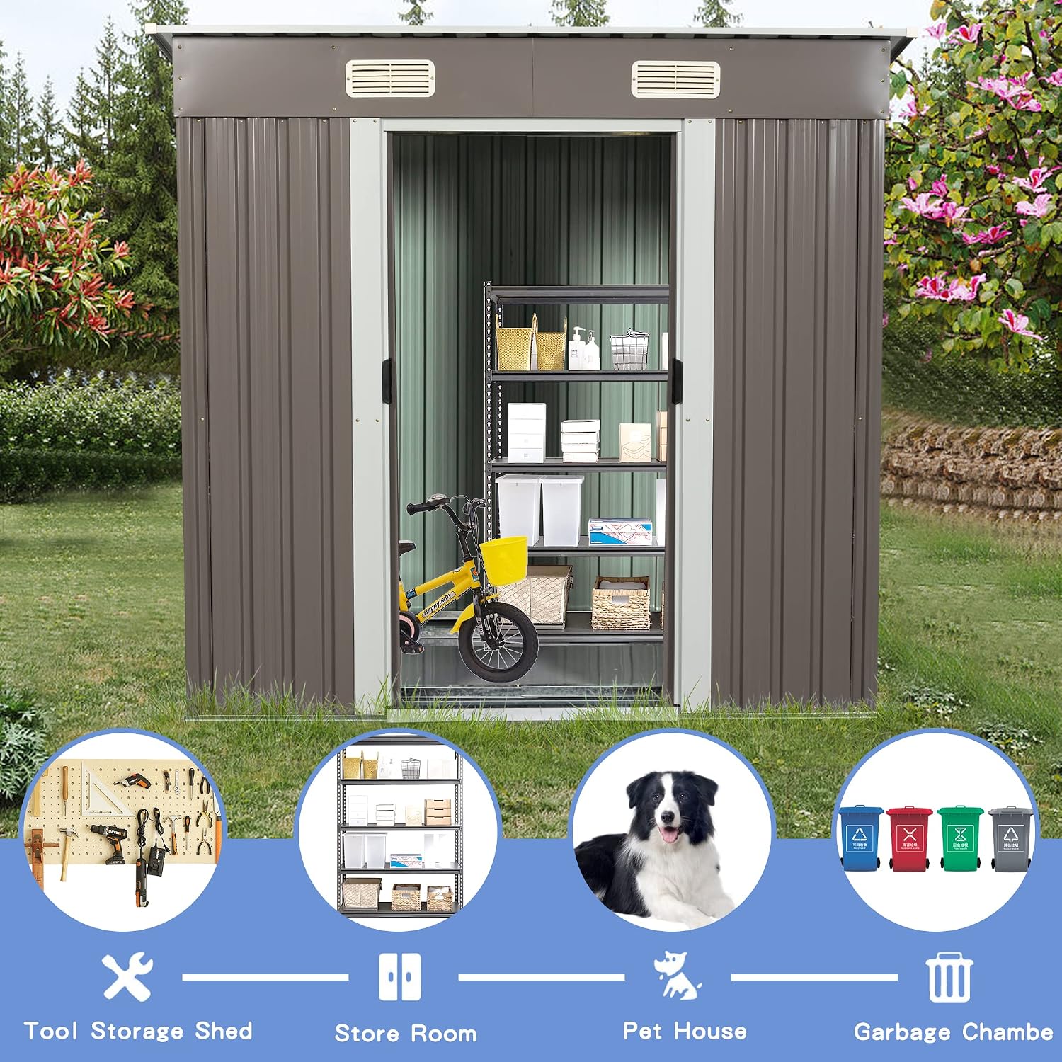YOPTO 6×4 FT Outdoor Metal Storage Shed with Integrated Punched Vents,Heavy Duty Storage House W/Padlock and Sliding Doors,Large Waterproof Outdoor Tools Sheds for Garden,Backyard,Patio,Grey