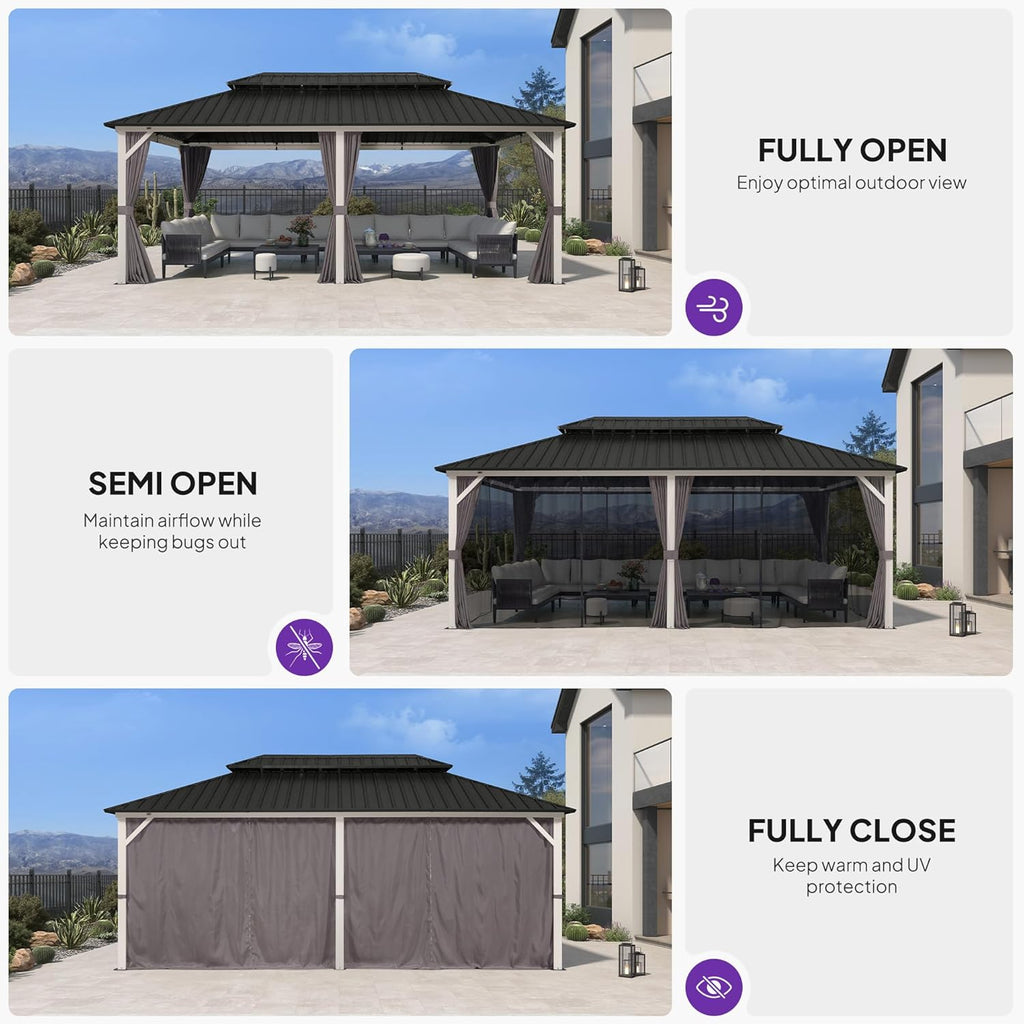PURPLE LEAF 12' X 20' Outdoor Gazebo Galvanized Steel Double Roof White Aluminum Frame Hardtop Heavy Duty Gazebo with Curtain and Netting for Patio Garden and Backyard, Grey