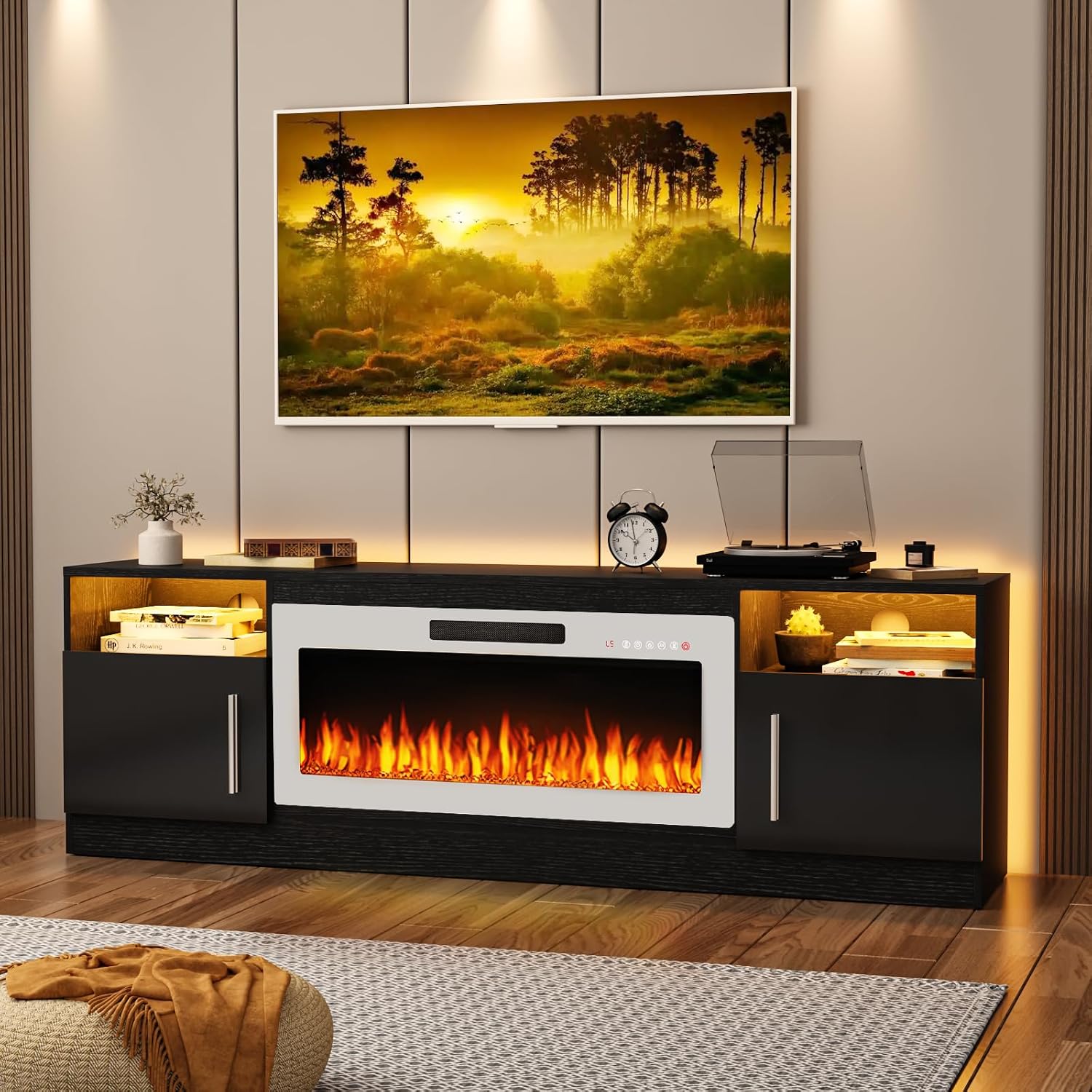 TAVATA 70' Fireplace TV Stand, Modern LED Light Entertainment Center with Storage and 36' Fireplace, Media TV Console for TVs Up to 80', Fire Place TV Stands for Living Room, Black+White
