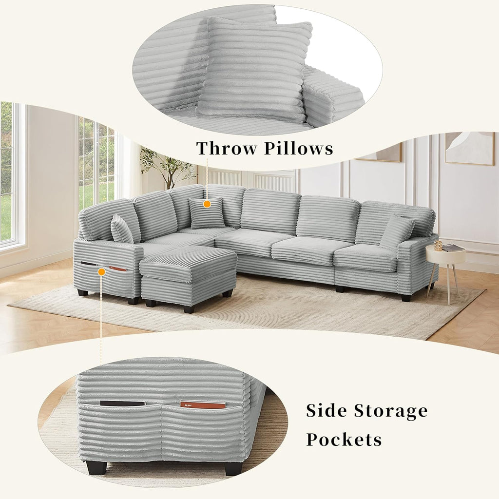 125.2' Sectional Sofa U-Shaped Upholstered Sofa L-Shaped Couch with a Movable Ottoman and Side Storage Pockets for Living Room, Grey