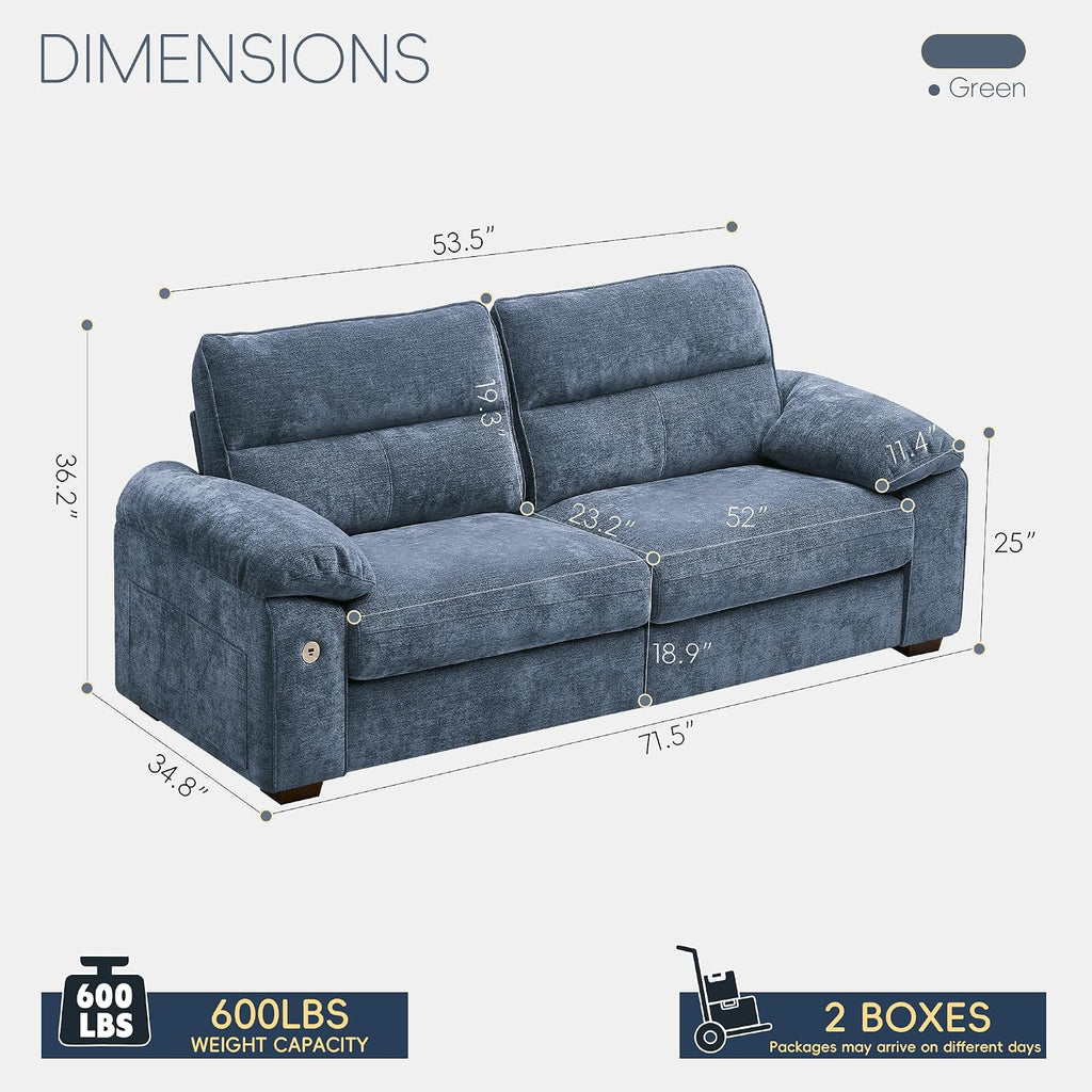 Ihanherry 71' Modern Sofa for Living Room, Deep Seat Chenille Loveseat with Fast Charging Port & Removable Washable Cushions, Pillow-Armrest Couch for Small Space/Apartment, Sturdy Frame, Blue