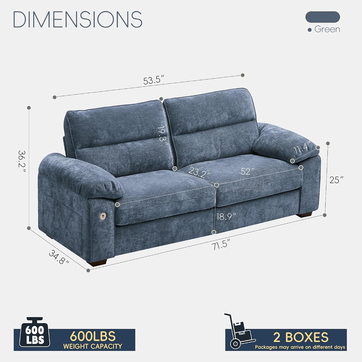 Ihanherry 71' Modern Sofa for Living Room, Deep Seat Chenille Loveseat with Fast Charging Port & Removable Washable Cushions, Pillow-Armrest Couch for Small Space/Apartment, Sturdy Frame, Blue