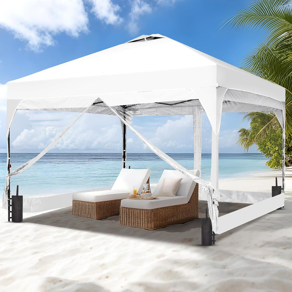 GDY 12x12FT Pop Up Canopy Tent with One Push Setup, Easy Setup Gazebo with 4 PVC Transparent Sidewalls,Includes Wheeled Bag. for Events, Parties, Camping, White.
