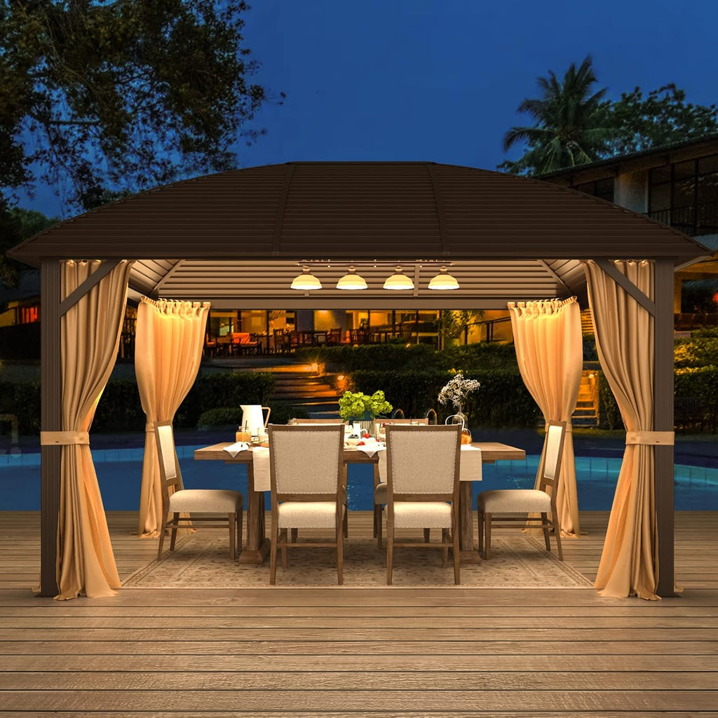 YOLENY 10' x 13' Hardtop Gazebo with Galvanized Steel Roof, Arc Roof Gazebos with Aluminum Frame, Curtain&Netting Included, Sunshade for Gardens, Lawns, Deck