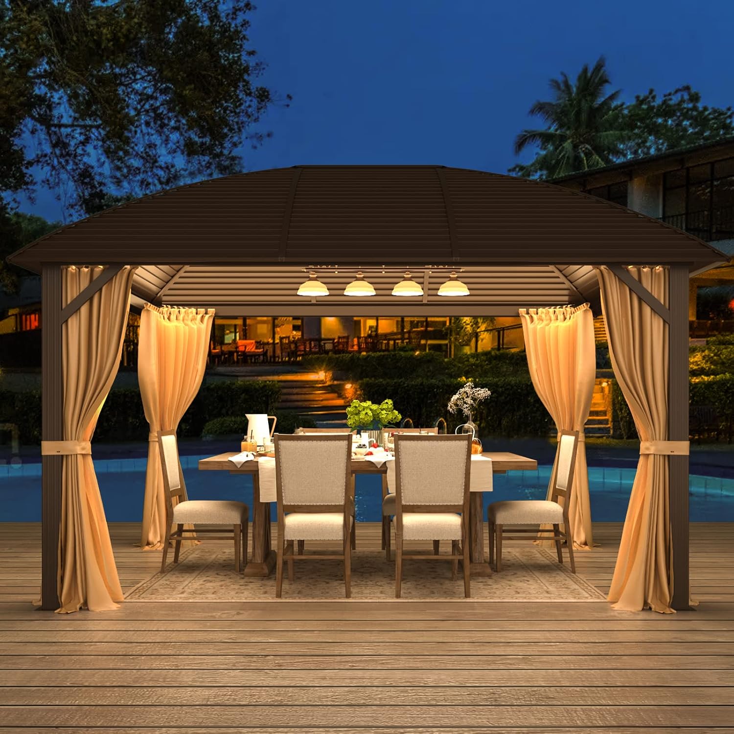 YOLENY 10' x 13' Hardtop Gazebo with Galvanized Steel Roof, Arc Roof Gazebos with Aluminum Frame, Curtain&Netting Included, Sunshade for Gardens, Lawns, Deck
