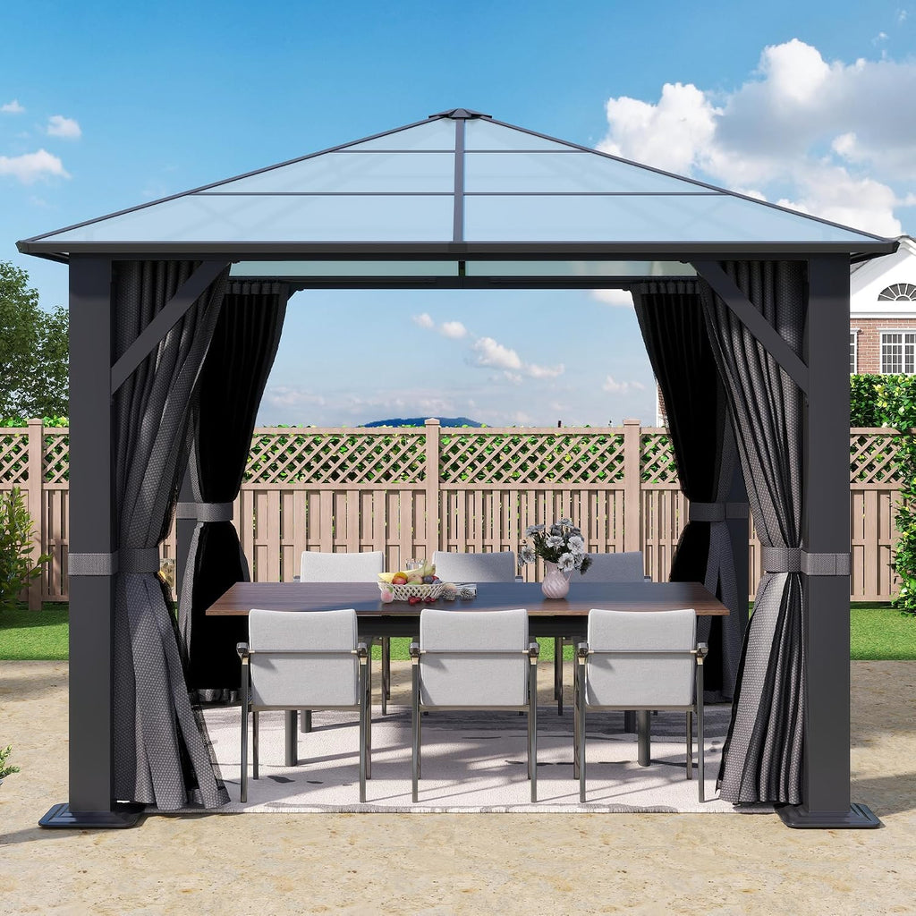 10'x10' Hardtop Gazebo, Outdoor Polycarbonate Roof Gazebo Metal Frame Permanent Pavilion with Netting & Curtains for Garden, Patio, Lawns(Grey)
