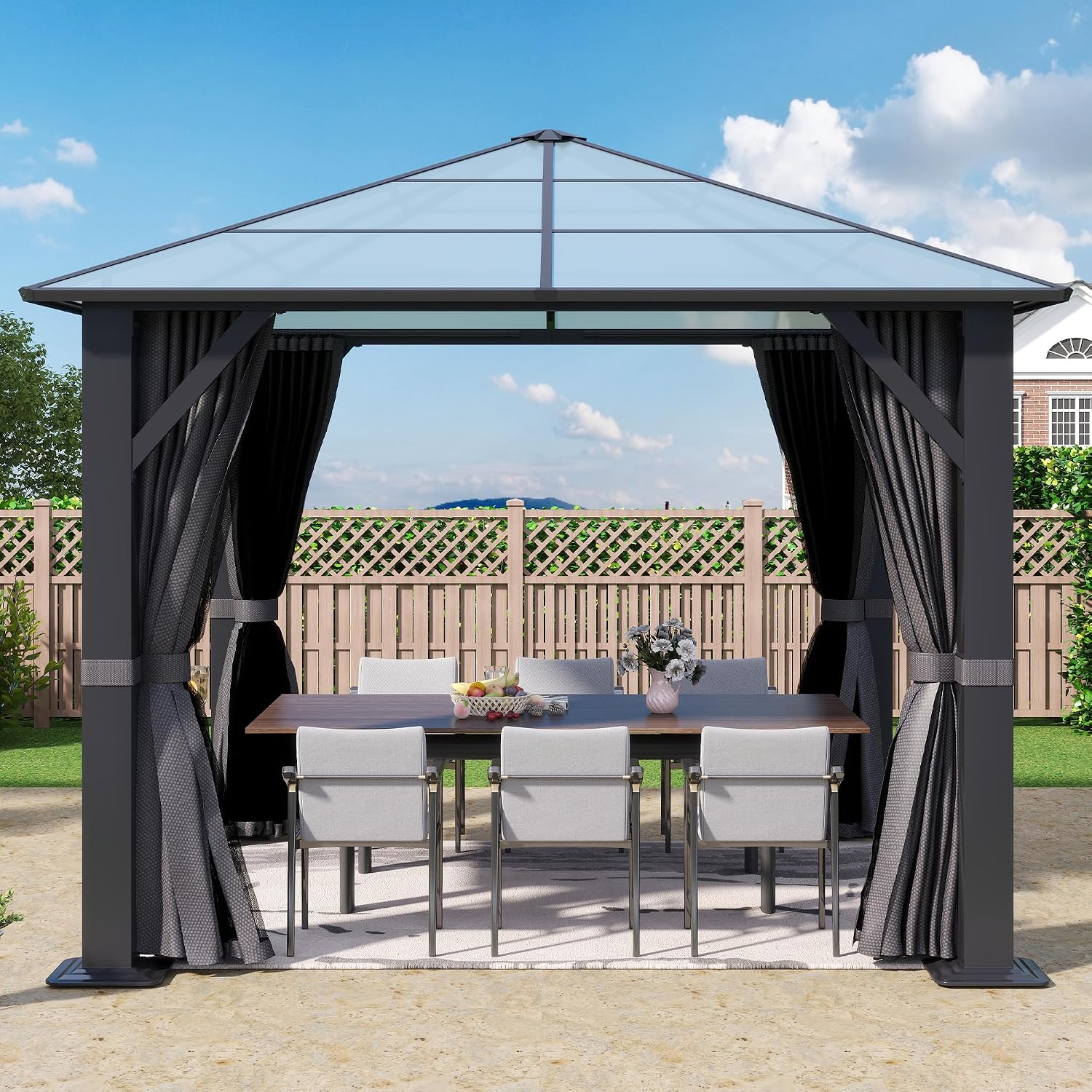 10'x10' Hardtop Gazebo, Outdoor Polycarbonate Roof Gazebo Metal Frame Permanent Pavilion with Netting & Curtains for Garden, Patio, Lawns(Grey)