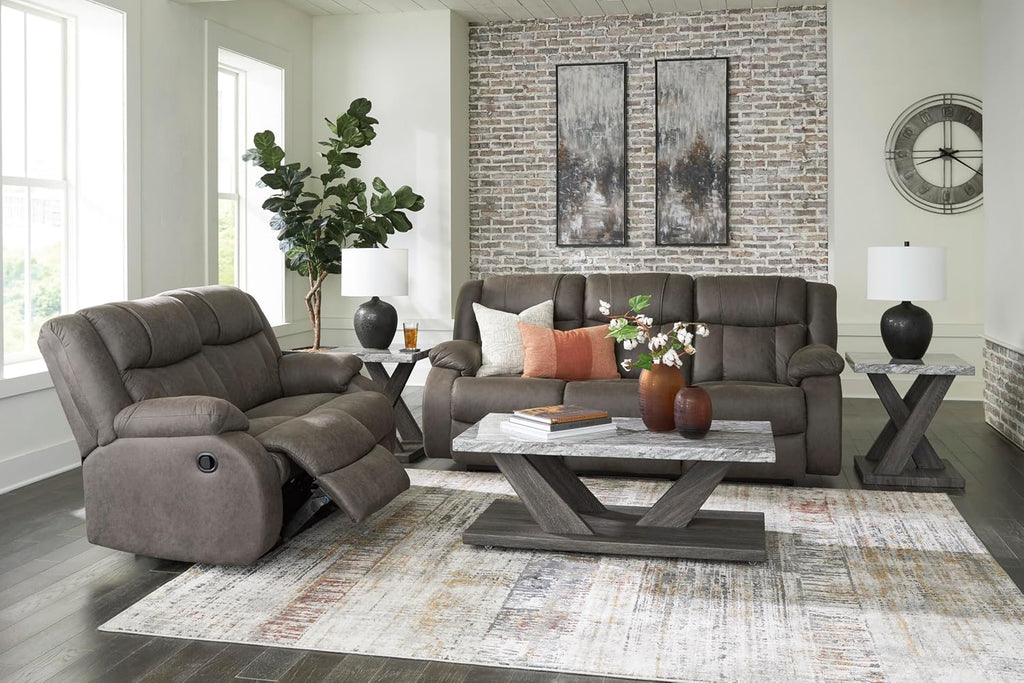 Signature Design by Ashley First Base Contemporary Faux Leather Manual Reclining Loveseat, Gray