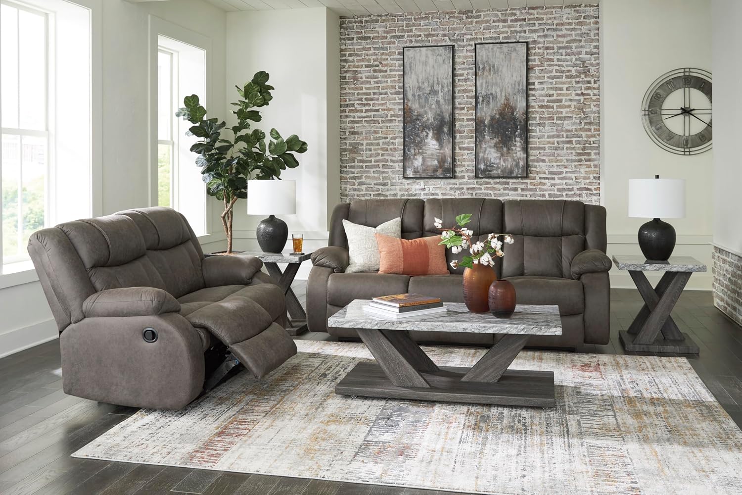 Signature Design by Ashley First Base Contemporary Faux Leather Manual Reclining Loveseat, Gray