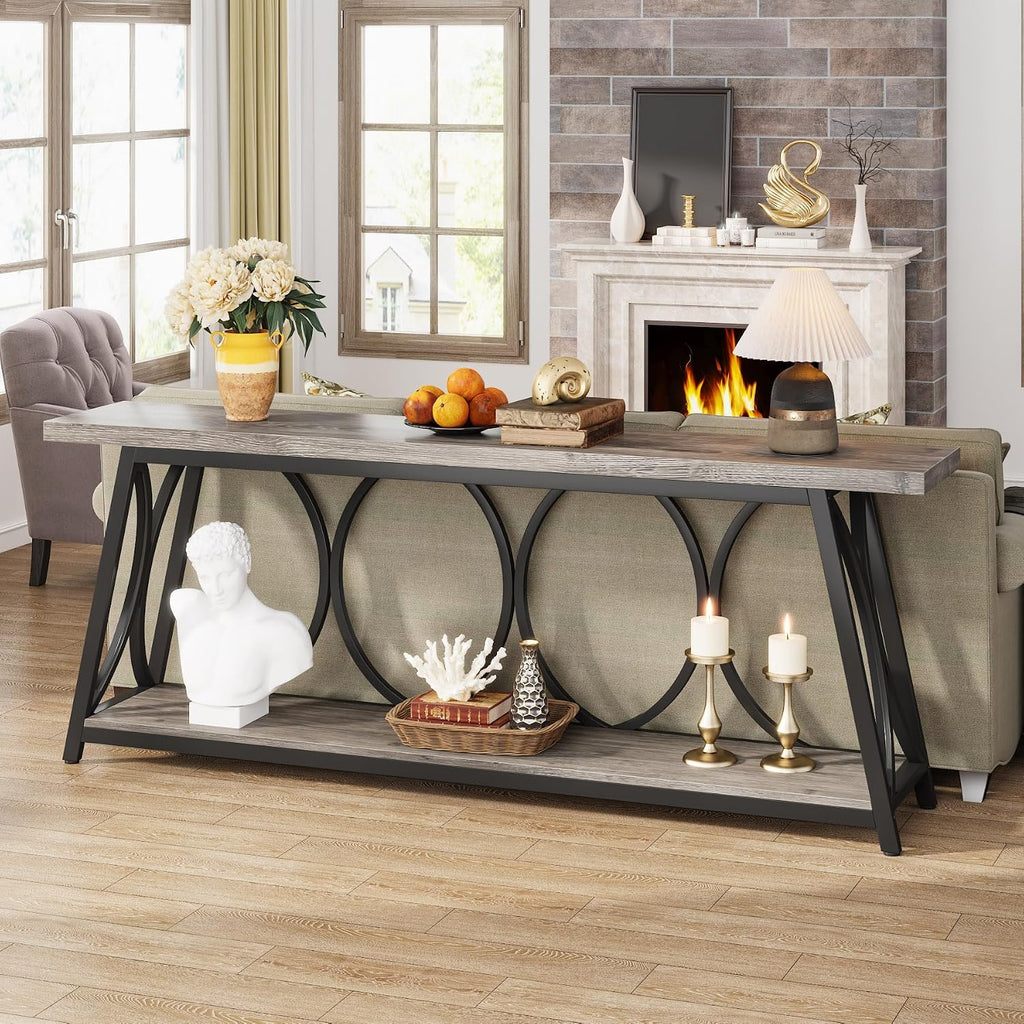 Tribesigns 70.9 inch Extra Long Console Table, Industrial Sofa Table Behind Couch with 2 Tier Storage Shelf, Narrow Entryway Hallway Accent Table for Living Room, Grey