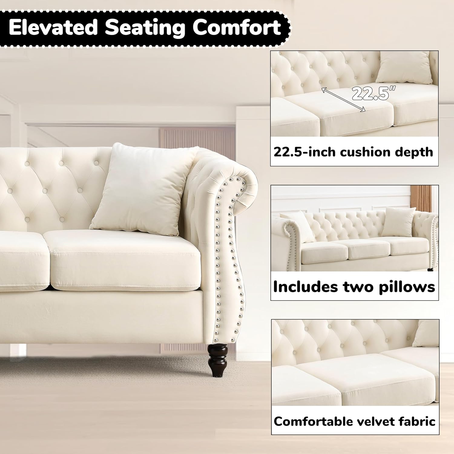 2 Piece Modern Beige Velvet 80' 3-Seater Sofa Sets, Upholstered Tufted Backrests with 8' Rolled Nailhead Arms, Combination Couch with 4 Pillows for Living Room
