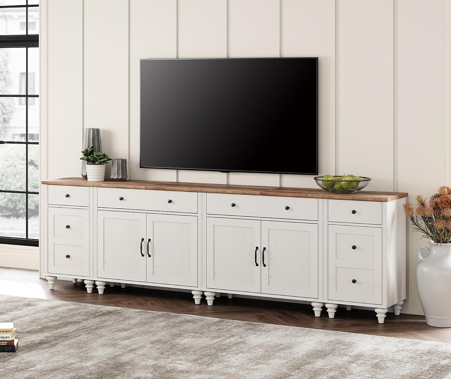 WAMPAT Farmhouse TV Stand for 100 Inch TV, 4-in-1 Wooden TV Console Table for 75/80/85/90 Inch TV, Entertainment Center with Charging Station, Kitchen Sideboard Buffet Cabinet for Dining Room, White