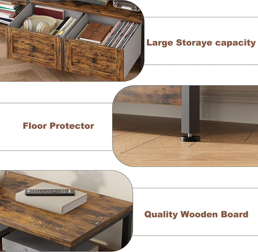 GarveeHome Rustic 63' TV Stand for TVs Up to 65', Industrial Media Console with 2 Drawers and Open Storage Shelves, Sturdy Metal Frame Entertainment Center, Brown