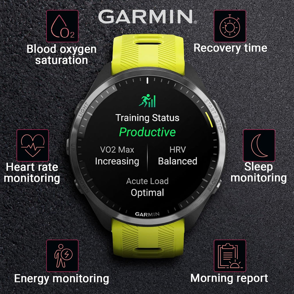 Garmin Forerunner 965 Premium GPS Running and Triathlon 47mm Smartwatch with AMOLED Touchscreen Display, Carbon Gray DLC Titanium Bezel and Amp Yellow Silicone Band with E-Bank.