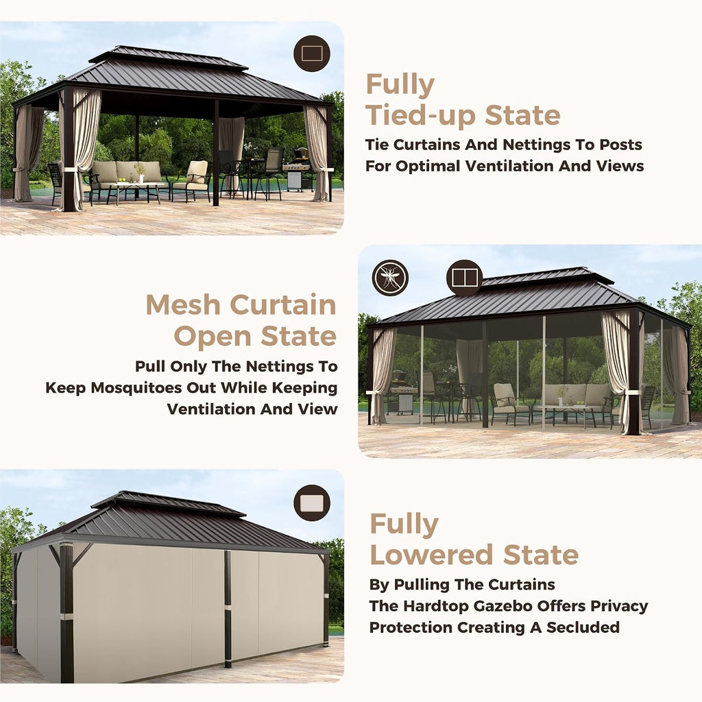 MIXPATIO 12' x 20' Hardtop Gazebo, Galvanized Steel Metal Double Roof Gazebo, Permanent Outdoor Metal Pavilion with Curtain and Netting for Deck, Backyard, Patio, Lawns