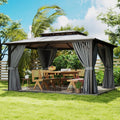 12' x 14' Gray Double Roof Gazebo with Polycarbonate Panels – Sturdy Aluminum Frame, Outdoor Pavilion with Curtains for Patio, Garden & Backyard