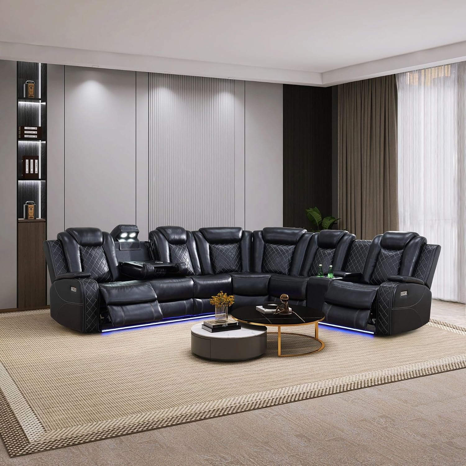 Power Recliner Sectional Couch for Living Room, Breathing Leather Reclining Sectional Sofa, 6 Seat L Shaped Reclining Couch with LED Lighting/Cup Holders/Strorage/USB Port (Black)