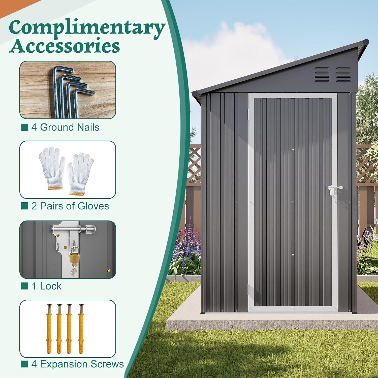 YOPTO 4×8 FT Lean to Metal Shed,Outdoor Heavy-Duty Storage Shed with Floor Base,All Weather Waterproof Garden Tool House W/Lockable Door&2 Air Vents,Reversible Door Design,for Backyard,Patio,Lawn,Gray