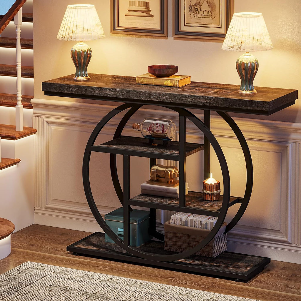 Tribesigns 41.3' Console Table, Industrial 4-Tier Sofa Table Entryway Table with Circle Base, Narrow Wood Accent Tables with Storage Shelves for Living Room, Hallway, Foyer, Charcoal Black