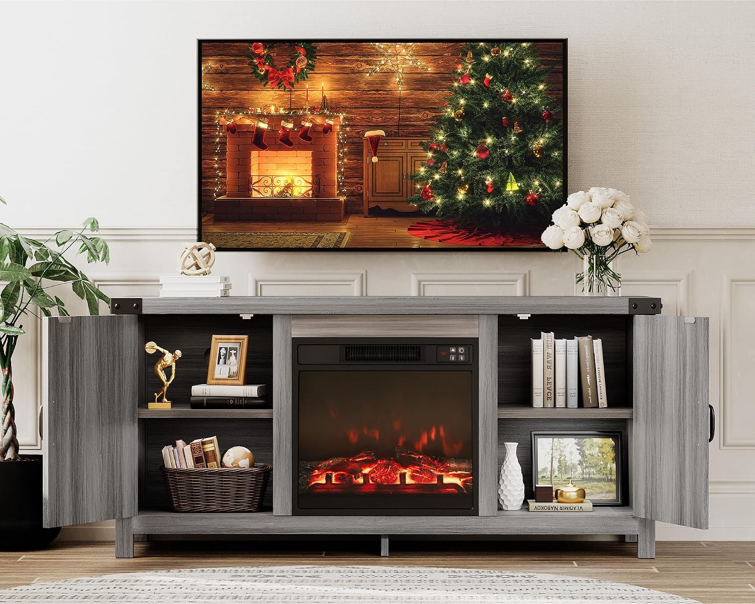 JUMMICO Fireplace TV Stand, Farmhouse Entertainment Center with Fireplace and Shelves, Double Barn Doors Storage Cabinets for TVs to 65+ Inch for Living Room (Grey)