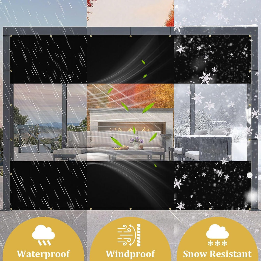 Shade&Beyond Outdoor Vinyl Curtain Customized Size, 7'W x 12'L Heavy-Duty Waterproof Clear Panel with Grommets, Privacy Clear Tarp UV-Resistant for Patio Enclosure Pergola Porch Gazebos, Black