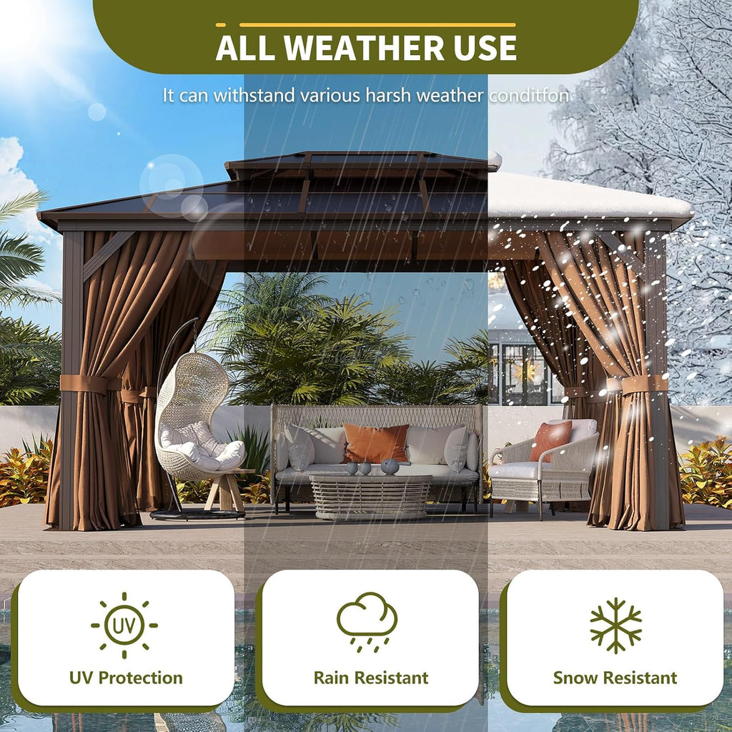Essential for Courtyard Leisure: 10'x14' Brown Double - top Eaves Polycarbonate Sheet Pavilion, with Enclosure Fabric, Mesh Netting and Insect - Proof Net