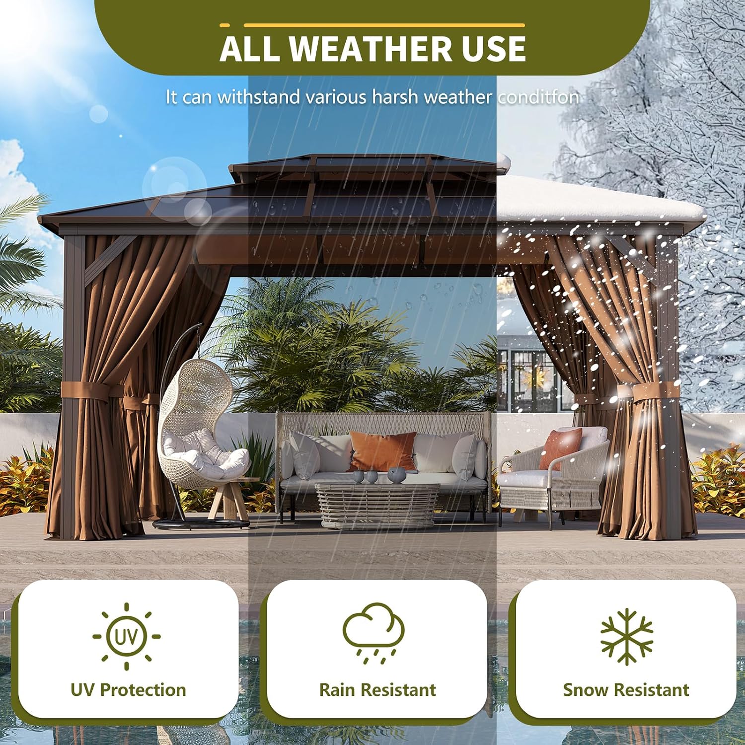 Essential for Courtyard Leisure: 10'x14' Brown Double - top Eaves Polycarbonate Sheet Pavilion, with Enclosure Fabric, Mesh Netting and Insect - Proof Net