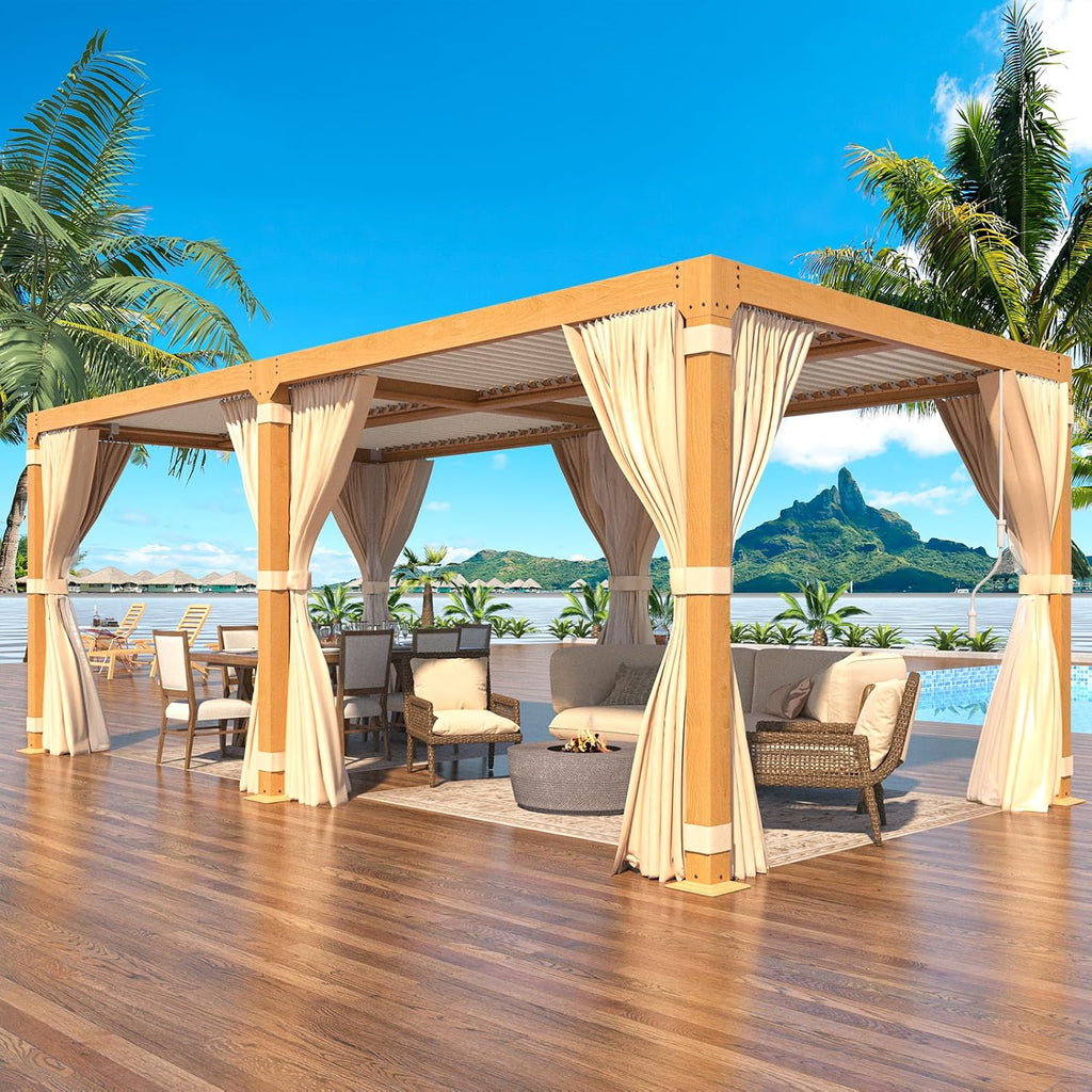 MELLCOM Louvered Pergola - 10x20, Aluminum with Adjustable Roof, Wood Grain with Waterproof Curtains and Nets