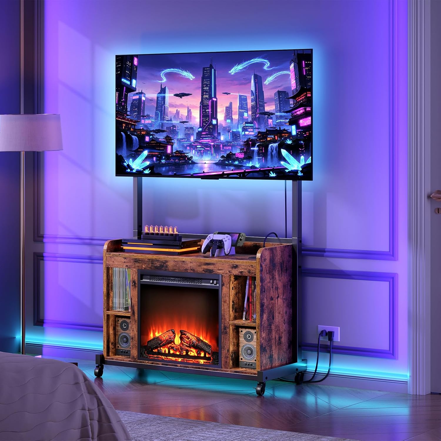 RALGEND Fireplace TV Stand with Mount for 55/60/65/75 inch TVs, Corner Entertainment Center with Power Outlet and 18' Electric Fireplace, Height Adjustable TV Console for Living Room, Rustic and Black