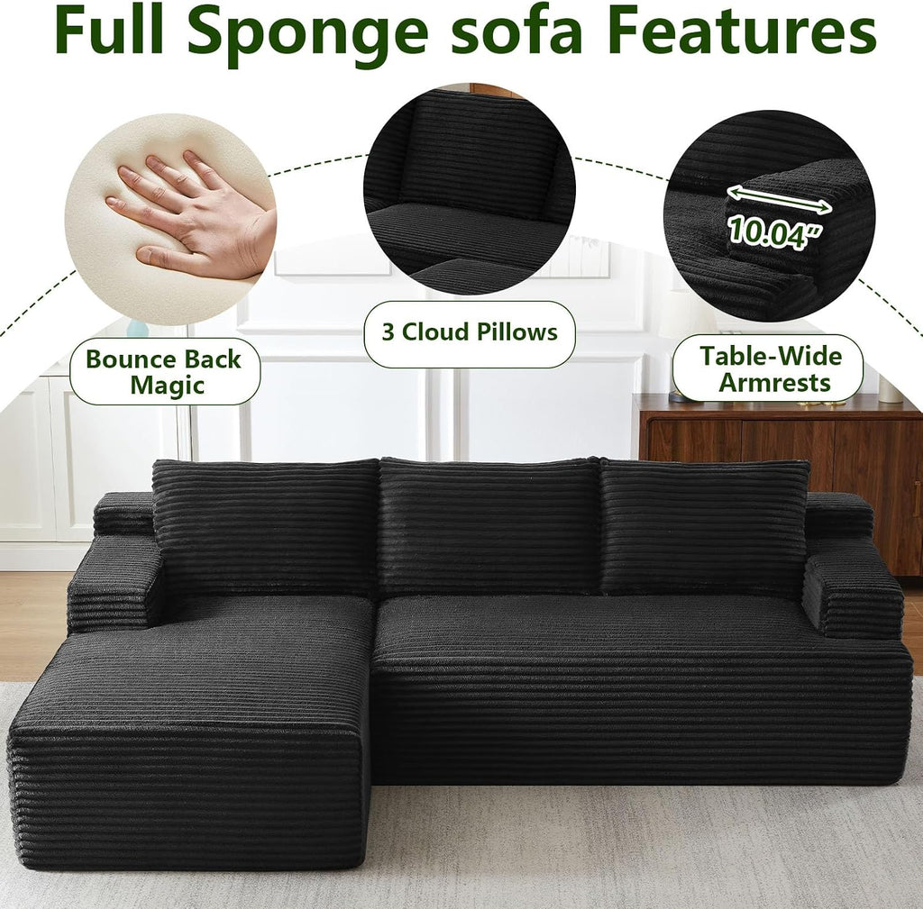 96' Modular Sectional Sofa, Modern Corduroy Cloud Couch with Side Pockets, Boneless Couch Upholstered 3-Seater L-Shaped Sofa for Living Room, No Assembly Required (Black, Left-Facing Chaise)