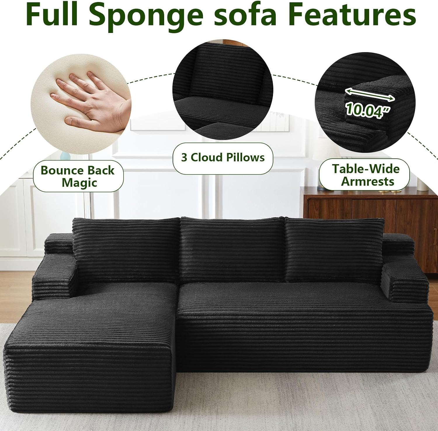 96' Modular Sectional Sofa, Modern Corduroy Cloud Couch with Side Pockets, Boneless Couch Upholstered 3-Seater L-Shaped Sofa for Living Room, No Assembly Required (Black, Left-Facing Chaise)