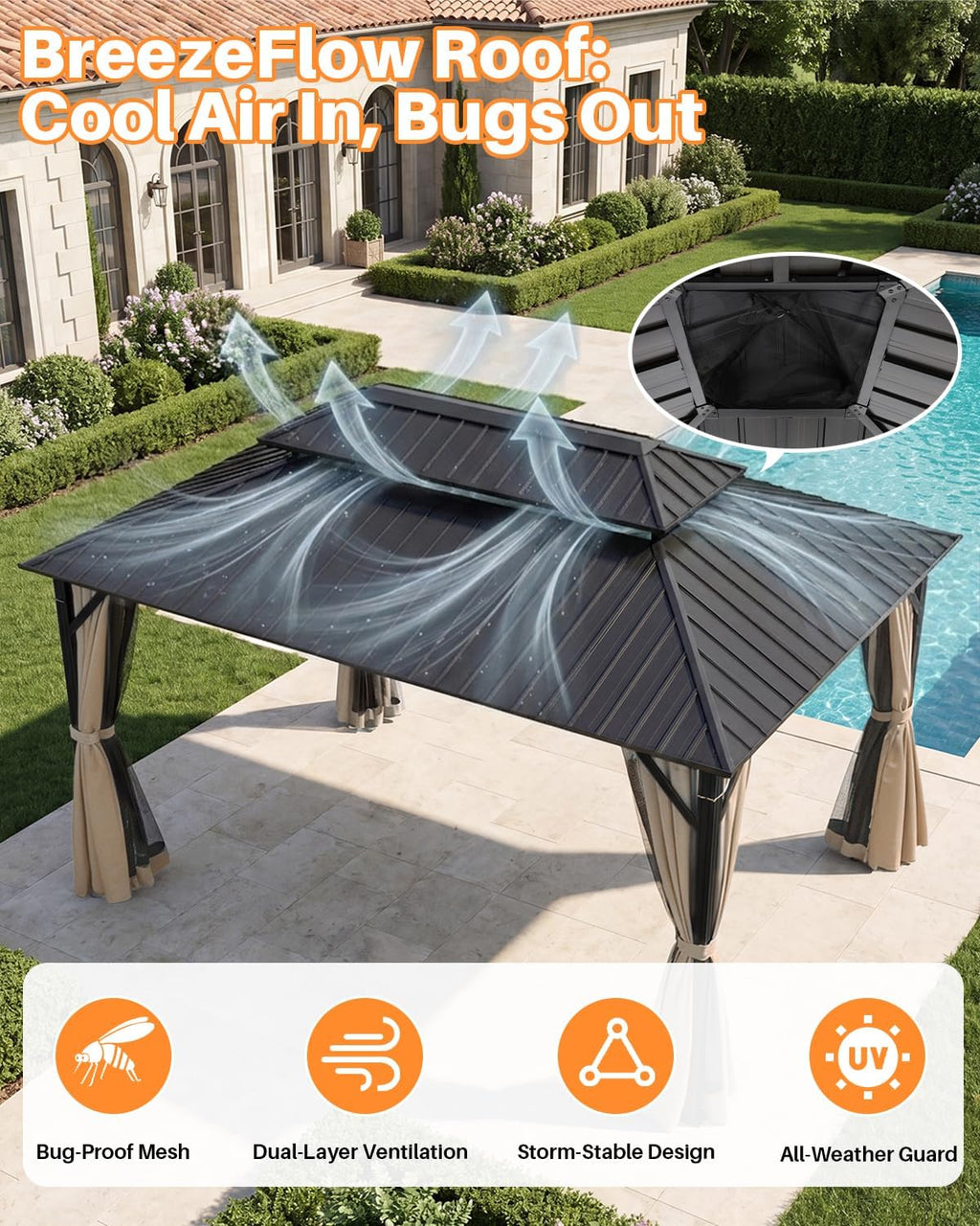 10' x 12' Hardtop Gazebo, Aluminum Frame Outdoor Patio Gazebo with Netting and Curtains, Outdoor Hardtop Gazebos, Patio Pergolas with Double Metal Roofs for Backyard, Patio, Deck, Sandstone